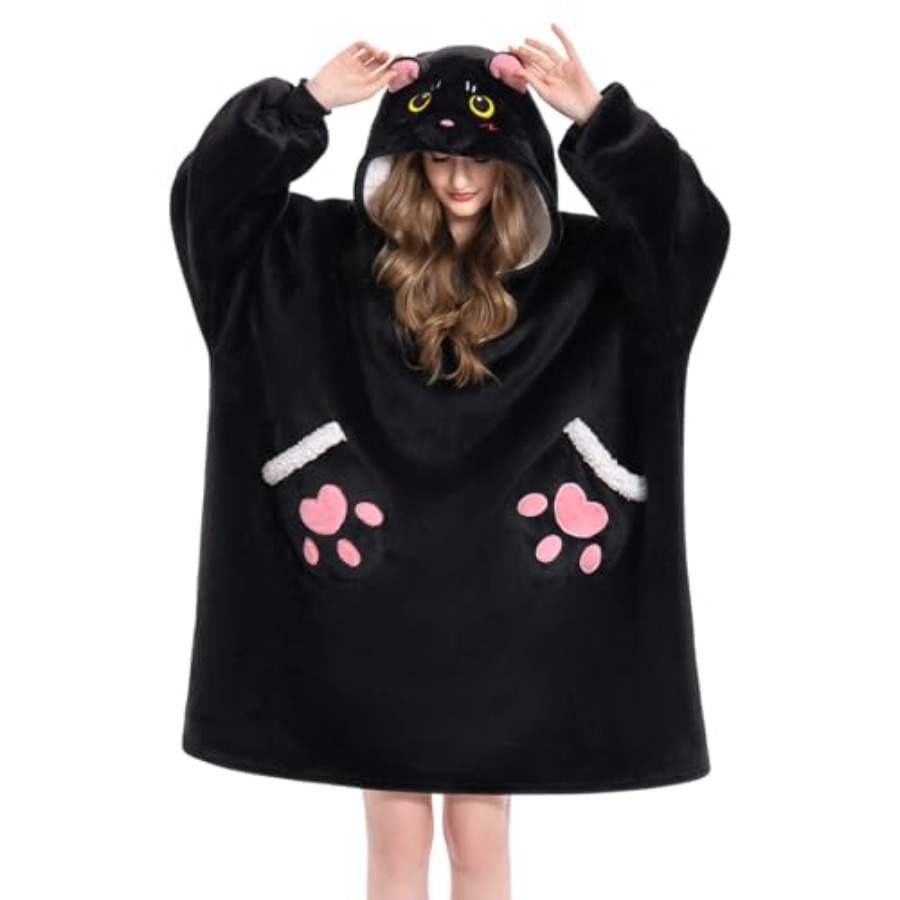 Sherpa Hoodie Fleece - OLAOLA Black Cat Wearable Blanket Hoodie