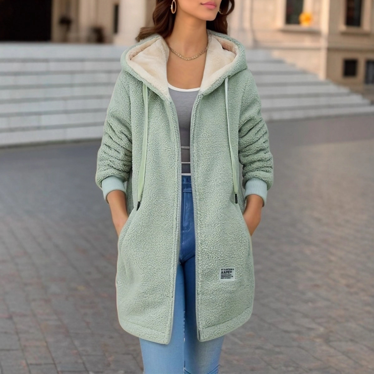 Thick Fleece Mid Length Jacket - Sherpa Hoodie Fleece 리뷰 및 가격