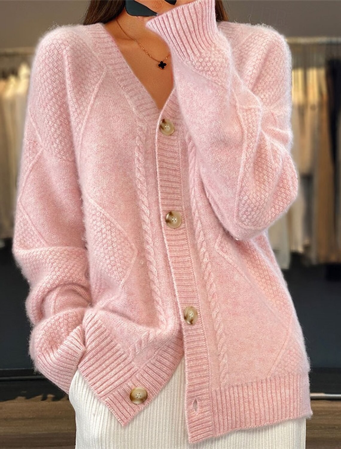 Women V Neck Cable Knit Cardig - Down Jacket Packable 리뷰 및 가격